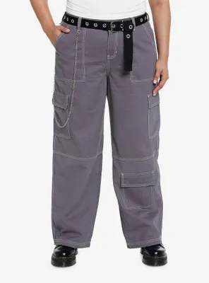 Grey Side Chain Carpenter Pants With Belt Plus