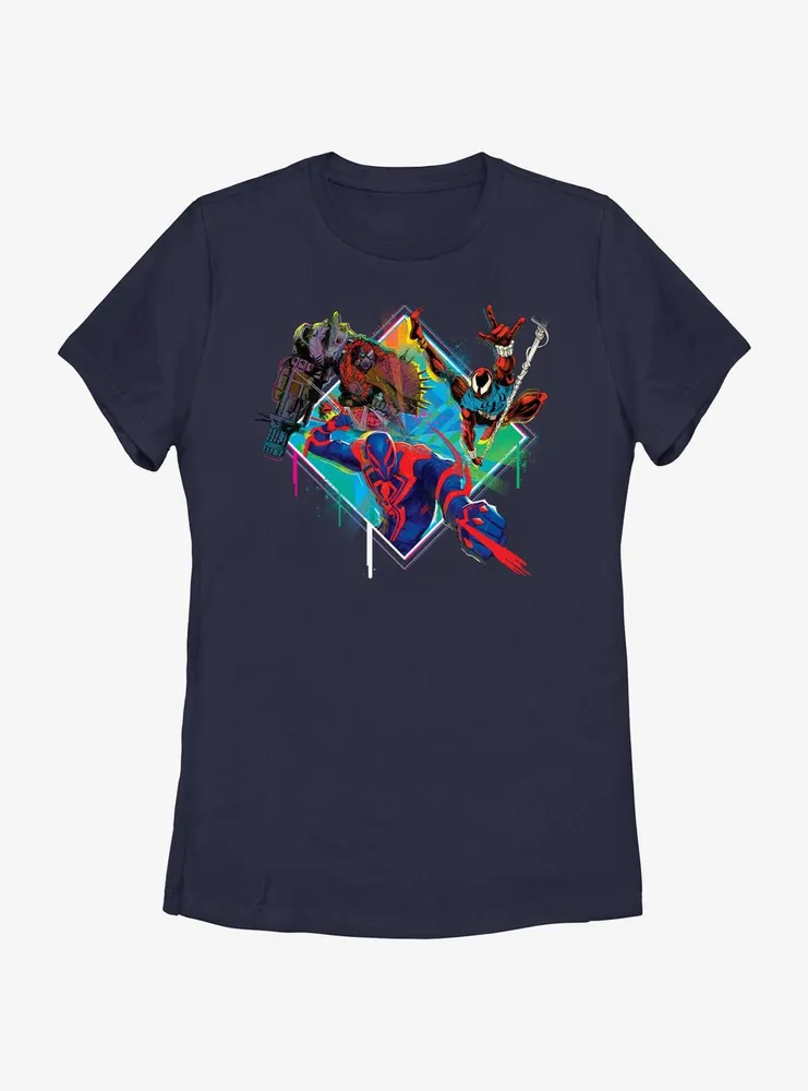 Marvel Spider-Man: Across The Spiderverse Trio Cyborg Scarlet Spider and Miguel O'Hara Badge Womens T-Shirt