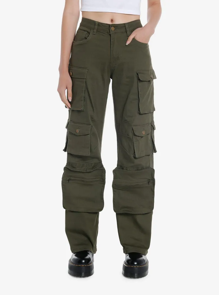 Olive Green Multi-Pocket Girls Cargo Pants