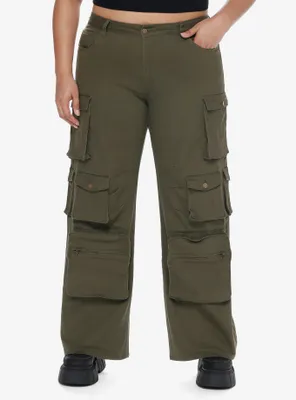 Olive Green Multi-Pocket Girls Cargo Pants Plus