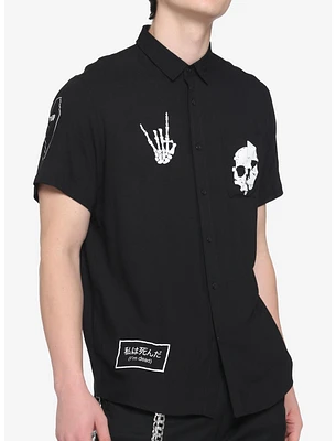 Skeleton Patches Black Woven Button-Up