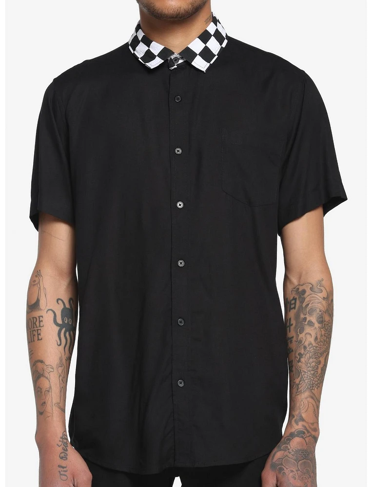 Black & White Checkered Collar Woven Button-Up