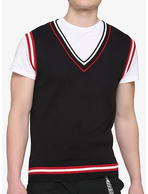 Black Red & White Contrast Knit Vest