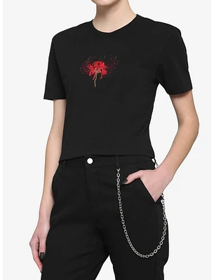 Spider Lily Embroidered Boxy Girls Crop T-Shirt