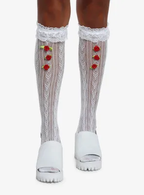 White Ruffle Rose Knee High Socks