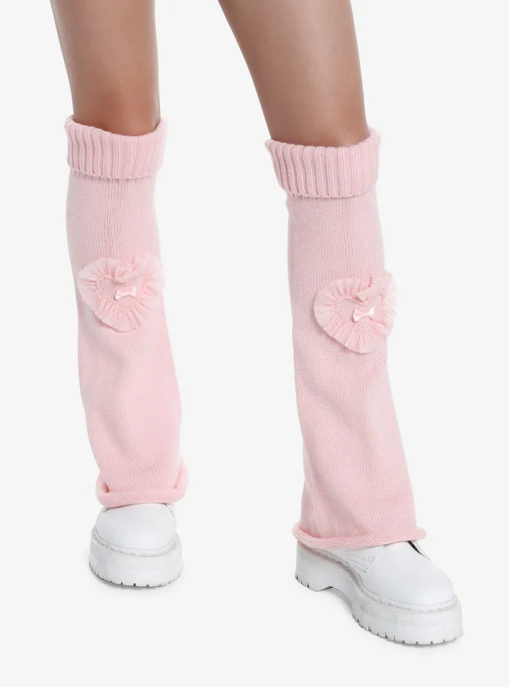 Pink Knit Lace Heart Flared Leg Warmers