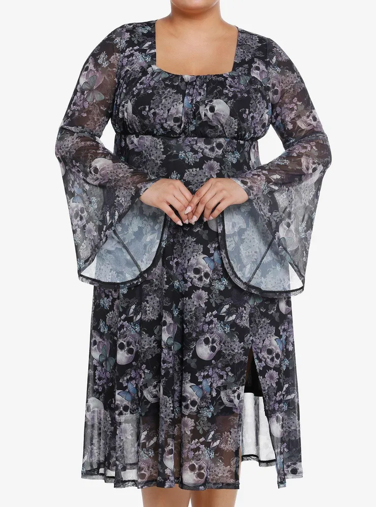 Thorn & Fable Skulls Flowers Mesh Bell Sleeve Midi Dress Plus