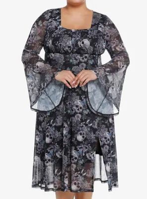 Thorn & Fable Skulls Flowers Mesh Bell Sleeve Midi Dress Plus