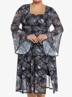 Thorn & Fable Skulls Flowers Mesh Bell Sleeve Midi Dress Plus