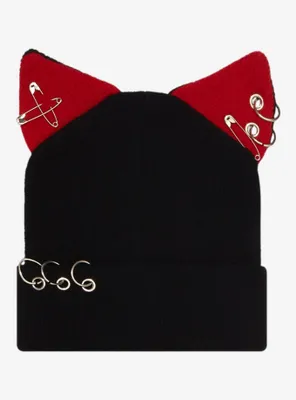 Red & Black Pierced Cat Ears Beanie