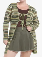 Social Collision Green & Brown Stripe Longline Girls Cardigan Plus