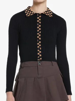 Social Collision Brown & Black Checkered Knit Girls Long-Sleeve Top