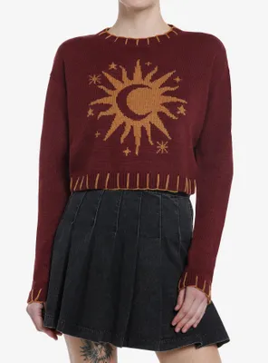 Cosmic Aura Gold Sun & Moon Girls Crop Sweater