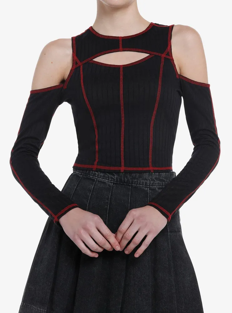 Hot Topic Social Collision Black & Red Contrast Stitch Cold Shoulder Girls  Long-Sleeve Top