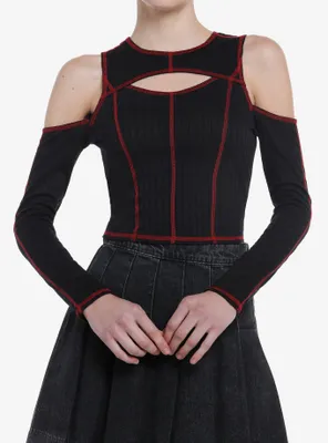 Social Collision Black & Red Contrast Stitch Cold Shoulder Girls Long-Sleeve Top