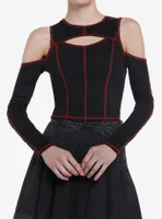 Social Collision Black & Red Contrast Stitch Cold Shoulder Girls Long-Sleeve Top