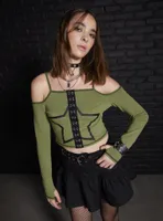 Social Collision Black Star Green Girls Cold-Shoulder Top