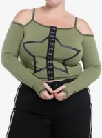 Social Collision Black Star Green Girls Cold-Shoulder Top Plus