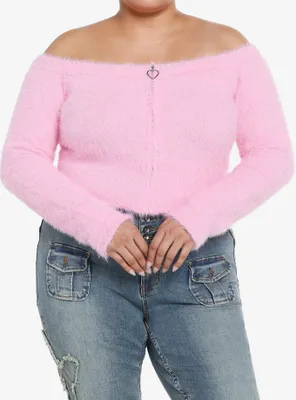 Pink Fuzzy Zipper Off-The-Shoulder Girls Crop Sweater Plus