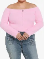 Pink Fuzzy Zipper Off-The-Shoulder Girls Crop Sweater Plus