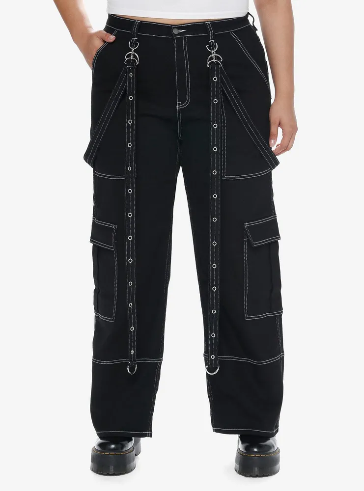 Hot Topic Black & White Contrast Stitch Suspender Carpenter Pants