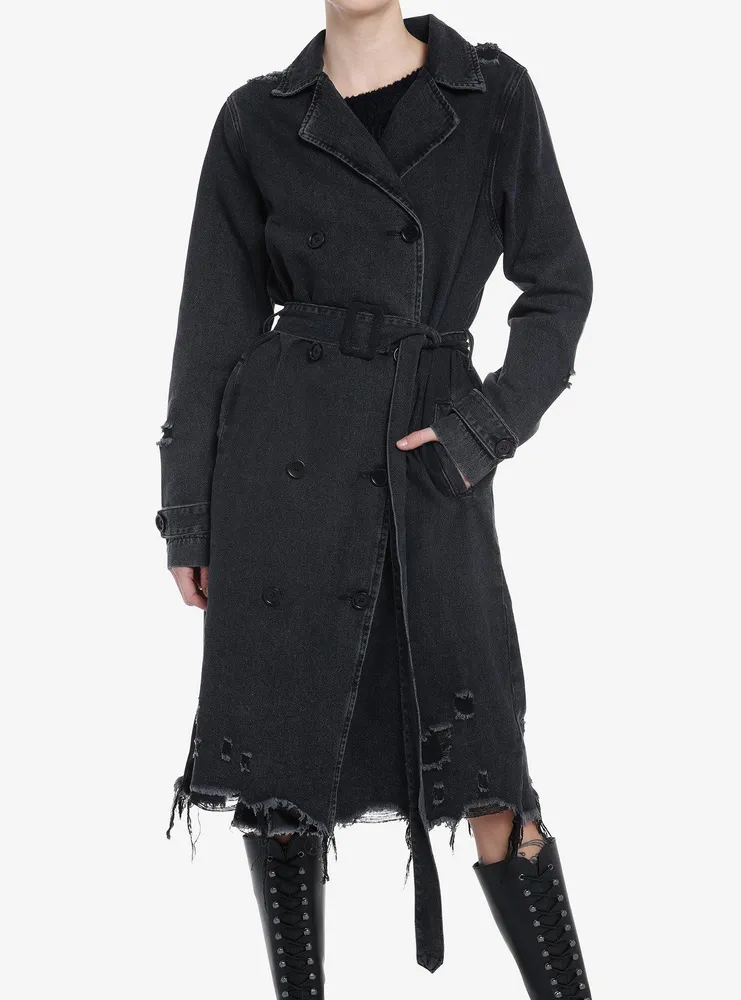 Black Destructed Girls Denim Longline Coat