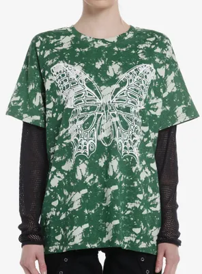 Butterfly Acid Wash Mesh Girls Long-Sleeve Twofer