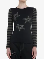 Black & Olive Stripe Star Girls Long-Sleeve Top