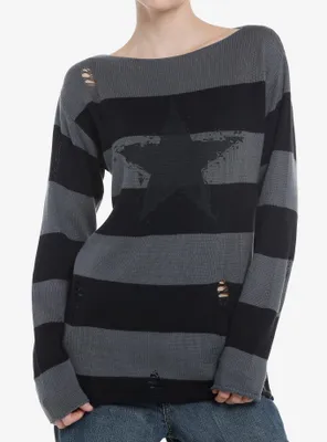 Black & Grey Stripe Star Distressed Girls Sweater