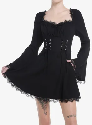 Cosmic Aura Black Lace-Up Bell Sleeve Dress