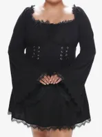 Cosmic Aura Black Lace-Up Bell Sleeve Dress Plus