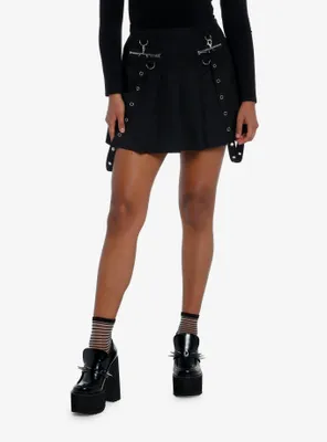 Social Collision Black Pleated Grommet Suspender Skirt