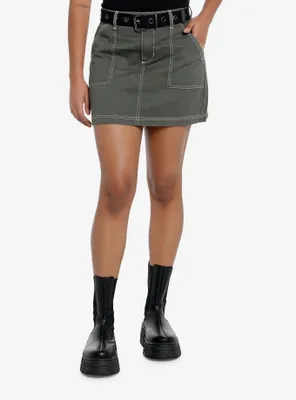 Social Collision Green & Brown Plaid Buckle Mini Skirt