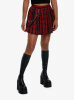 Social Collision Red Plaid Side Chain Pleated Skirt