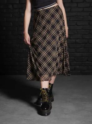 Social Collision Black & Brown Plaid Midi Skirt