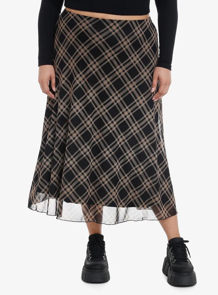 Social Collision Black & Brown Plaid Midi Skirt Plus