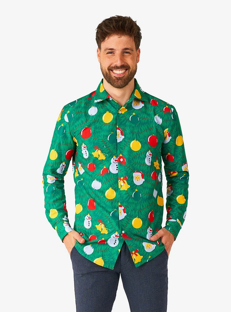 Christmas Ornaments Green Button-Up Shirt