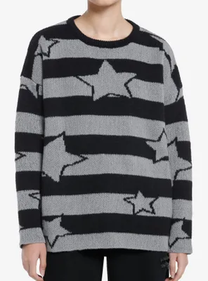 Black & Grey Stripe Star Girls Oversized Boxy Knit Sweater