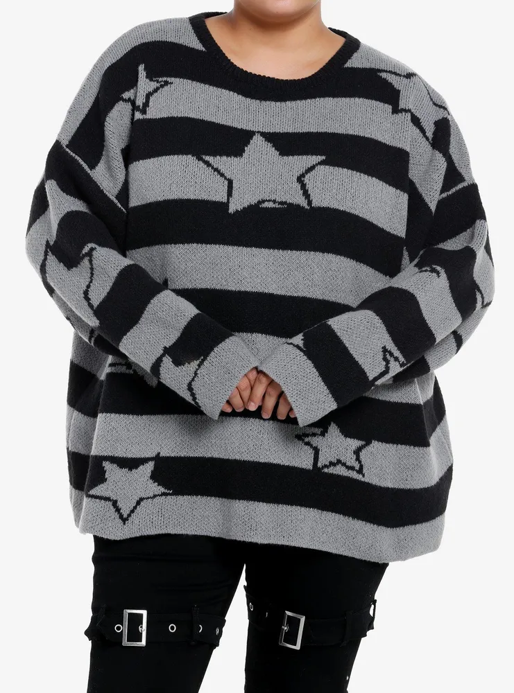 Hot Topic Black & Grey Stripe Star Girls Knit Sweater Plus