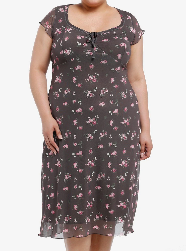 Thorn & Fable Brown Pink Roses Midaxi Dress Plus