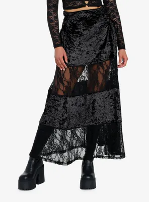 Black Velvet Lace Panel Maxi Skirt