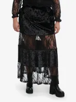 Black Velvet Lace Panel Maxi Skirt Plus