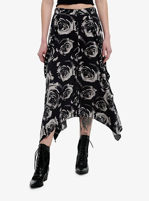 Black & Grey Rose Grommet Hem Hanky Midi Skirt