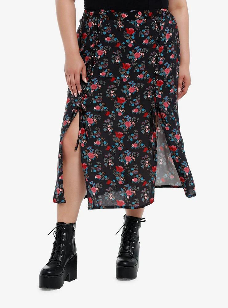Daisy Street Floral Butterfly Lace-Up Slit Midi Skirt Plus