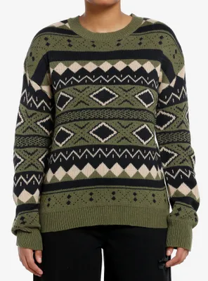 Green Fair Isle Vintage Girls Knit Sweater