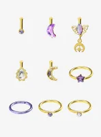 Steel Gold & Purple Moth Moon Nose Stud Hoop 9 Pack