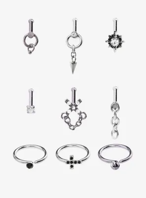 Steel Silver Chains Nose Stud & Captive Hoop 9 Pack