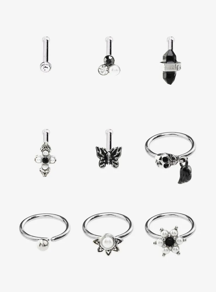 Steel Gothic Skull Butterfly Crystal Nose Stud & Hoop 9 Pack