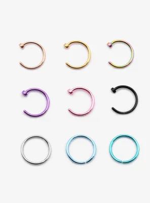 Steel Colorful Anodized Nose Hoop 9 Pack