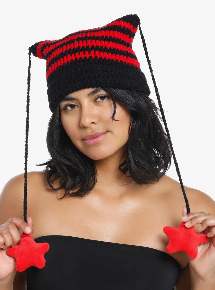 Black & Red Striped Star Tassel Beanie